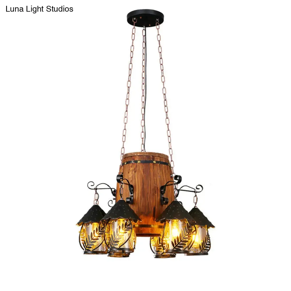 Metallic Chandelier Wood Lantern with Leaf Pattern - Elegant Restaurant Suspension Lamp