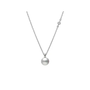 Mikimoto 18K White Gold Necklace with Diamond Station & Akoya Pearl Pendant
