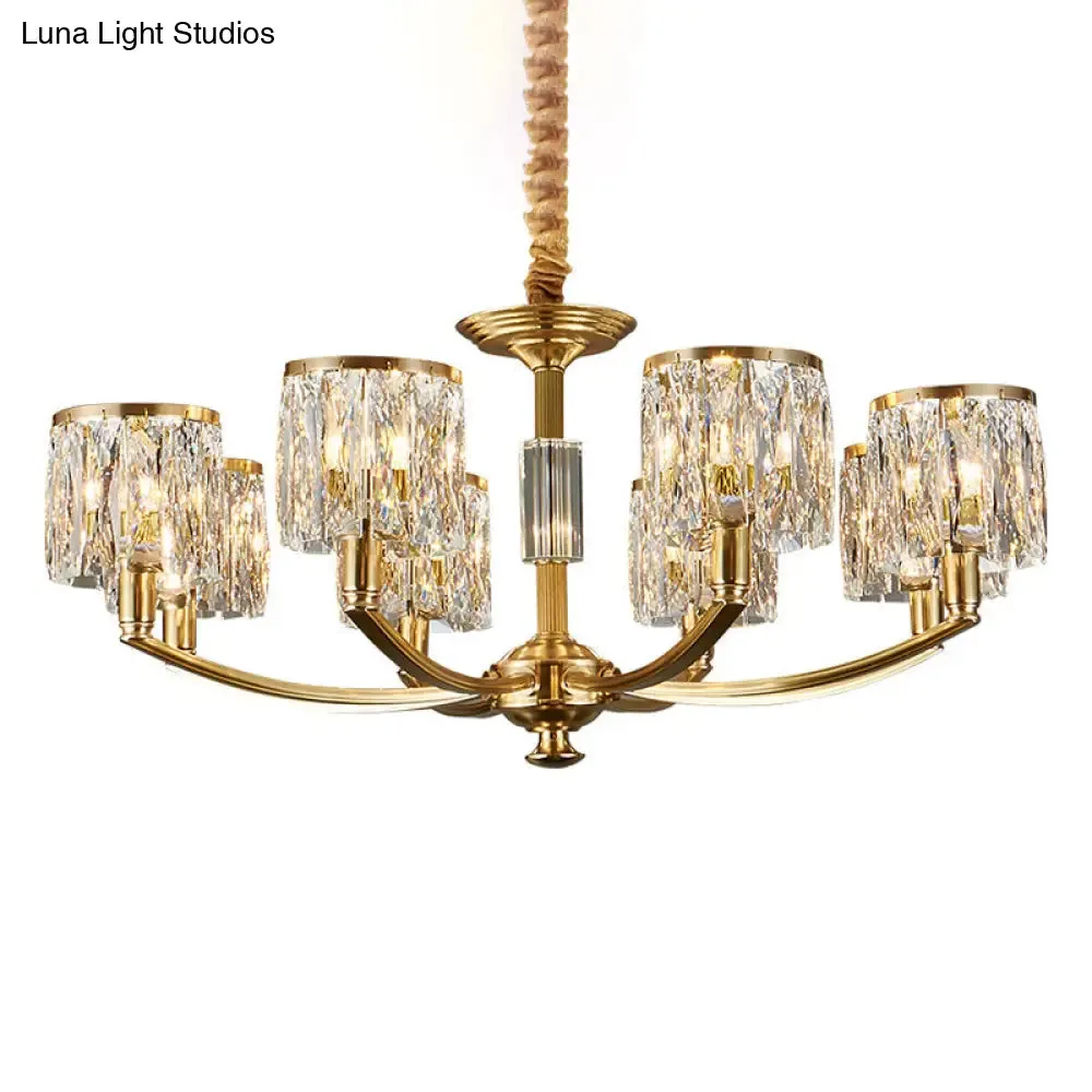 Modern Metal Chandelier with Brass Arced Arm and Prismatic Crystal Shade