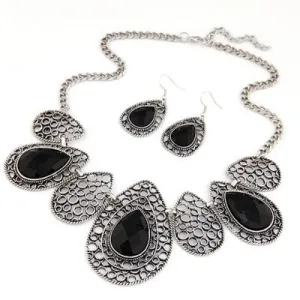 N58 Black Drop Pattern Gemstone Necklace with FREE Earrings