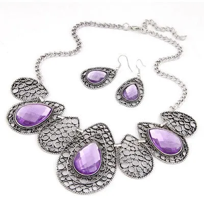 N59 Purple Drop Pattern Gemstone Necklace with FREE Earrings