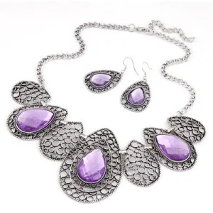 N59 Purple Drop Pattern Gemstone Necklace with FREE Earrings