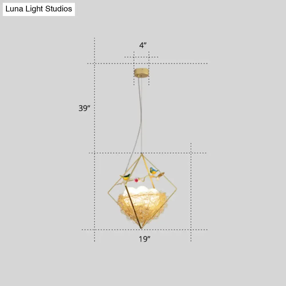 Nordic Metal 3-Light Birds Nest Chandelier - Beige Hanging Light with Rhombus Frame and Egg Shade