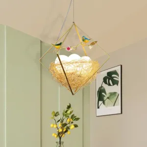 Nordic Metal 3-Light Birds Nest Chandelier - Beige Hanging Light with Rhombus Frame and Egg Shade