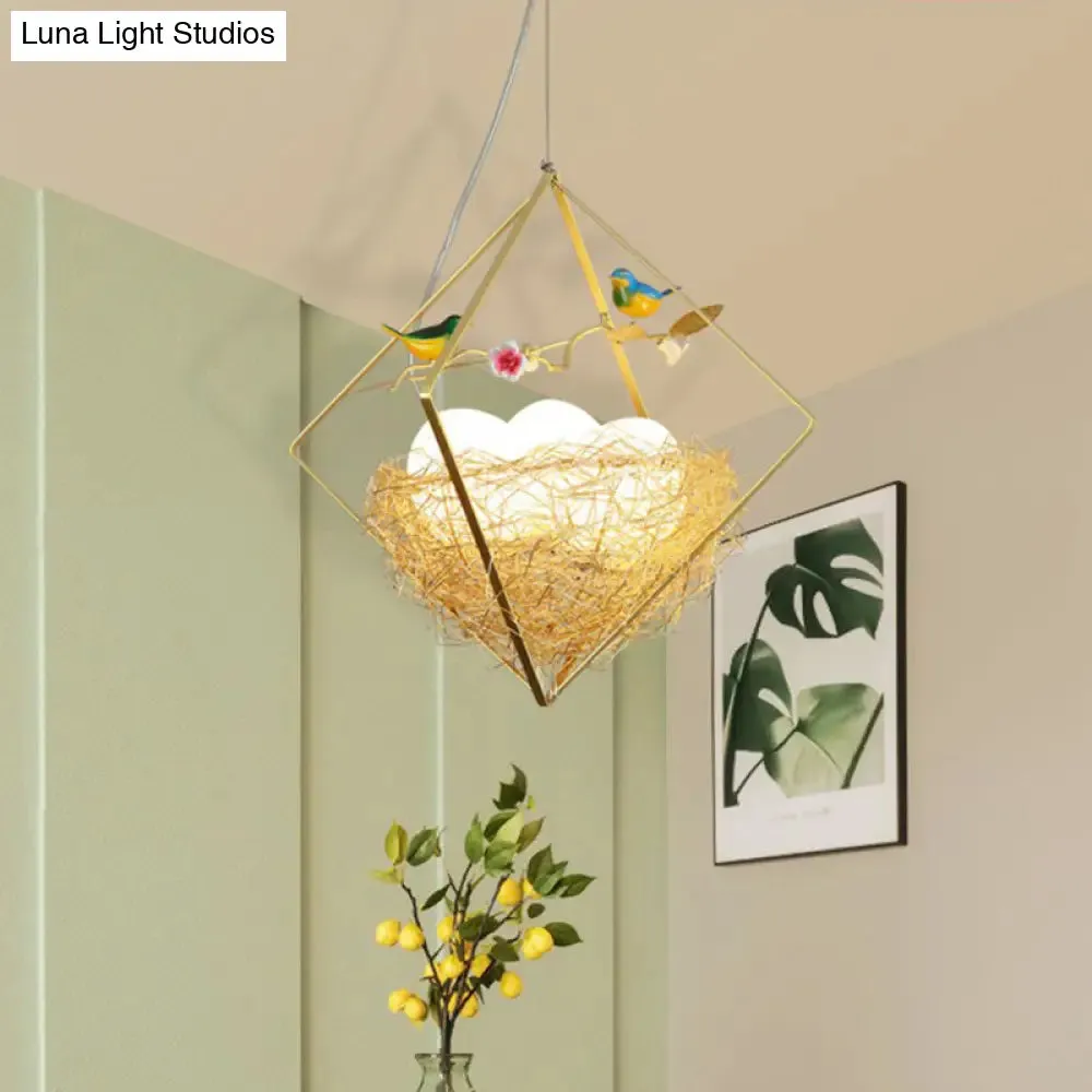 Nordic Metal 3-Light Birds Nest Chandelier - Beige Hanging Light with Rhombus Frame and Egg Shade