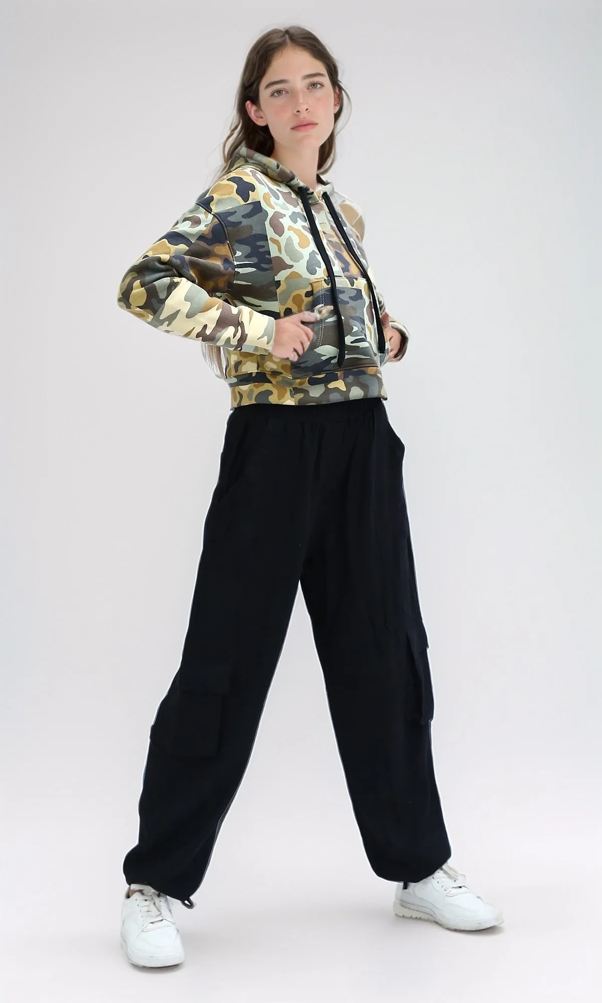O201269 - Patterned Army Cropped Hoodie With Long Sleeves - Yellow
