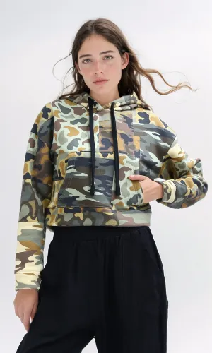 O201269 - Patterned Army Cropped Hoodie With Long Sleeves - Yellow