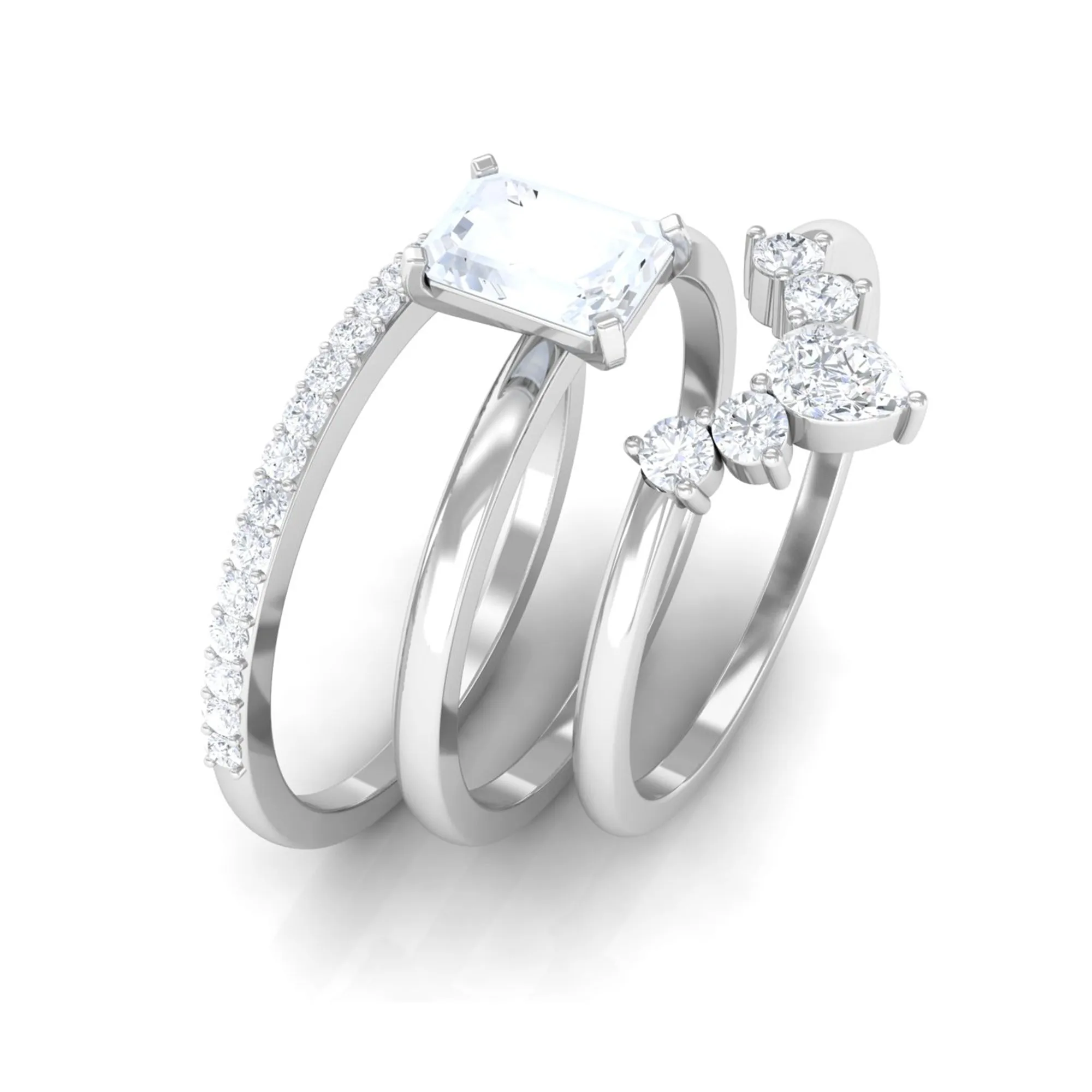 Octagon Cut Moonstone and Moissanite Trio Ring Set