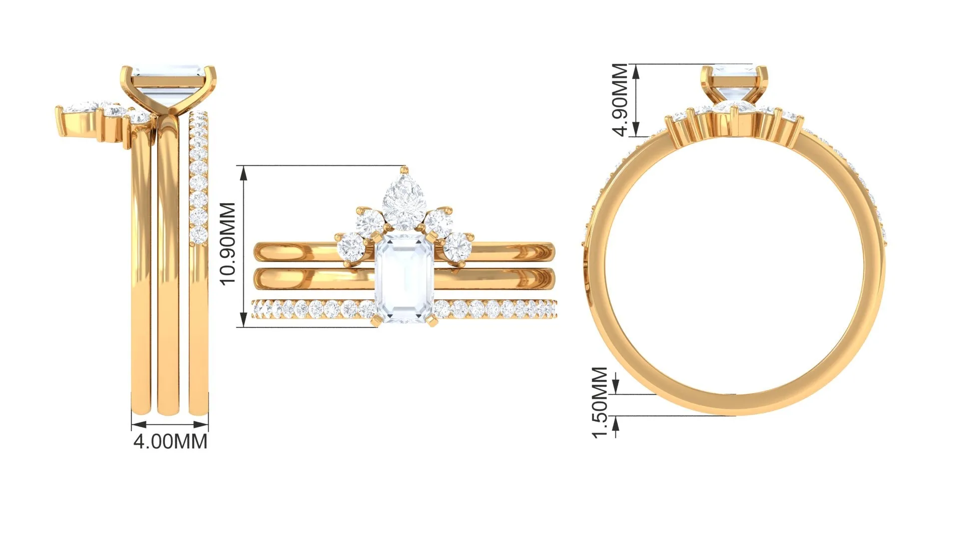 Octagon Cut Moonstone and Moissanite Trio Ring Set