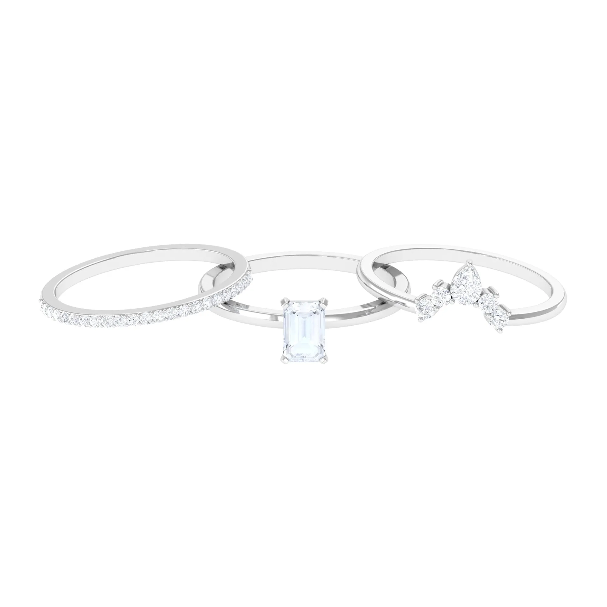 Octagon Cut Moonstone and Moissanite Trio Ring Set