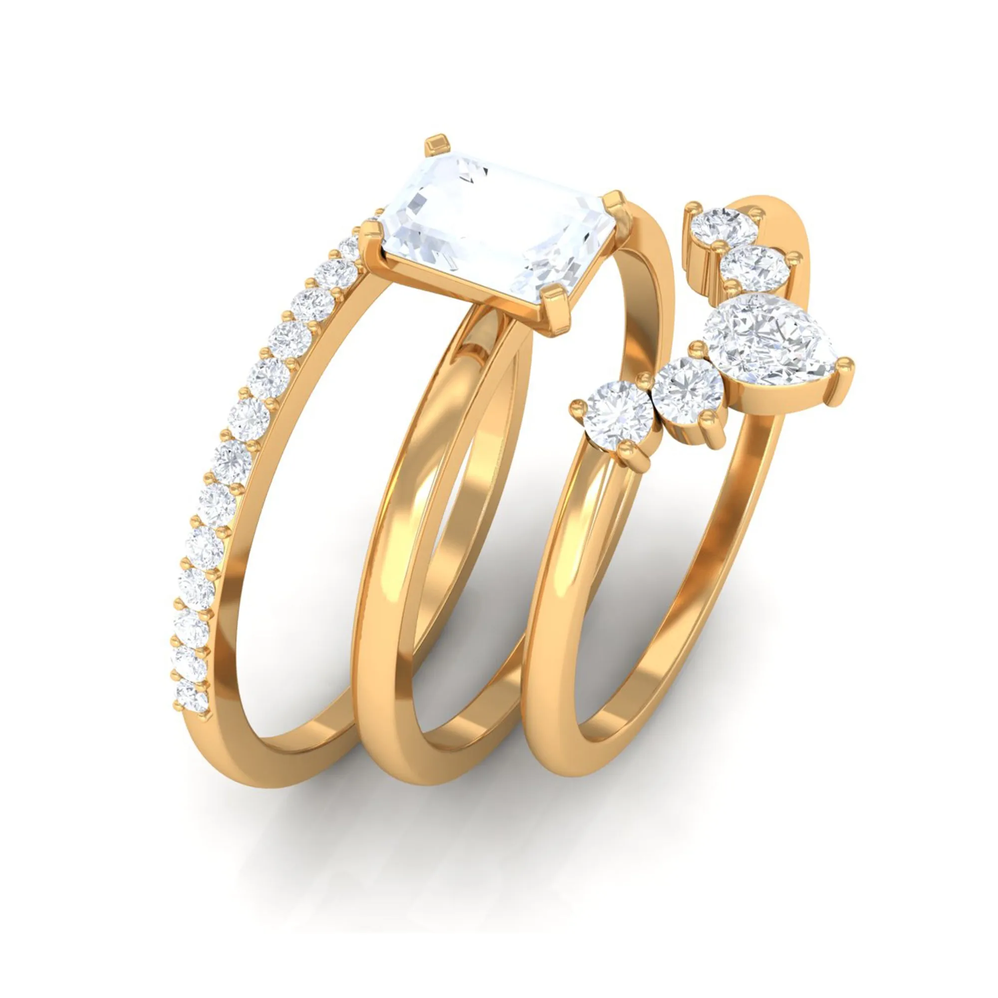 Octagon Cut Moonstone and Moissanite Trio Ring Set