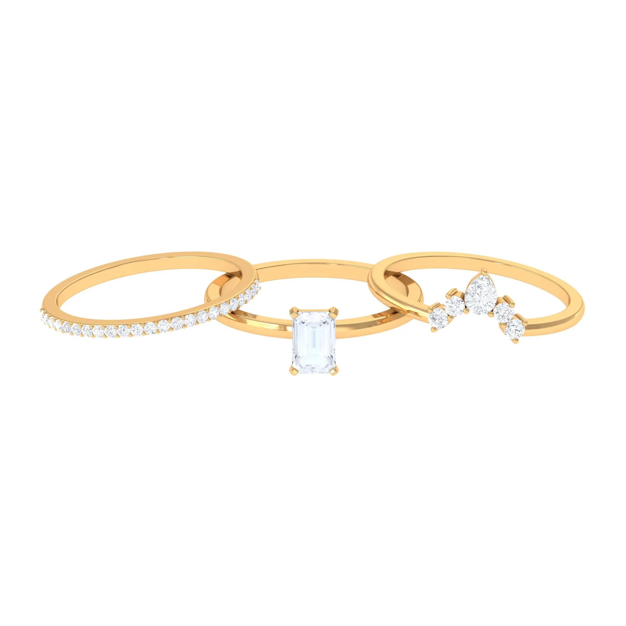 Octagon Cut Moonstone and Moissanite Trio Ring Set