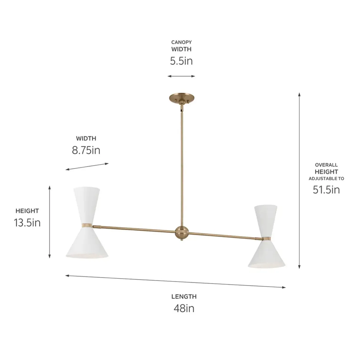 Phix 48" 4-Light Linear Chandelier with Metal Cone Shade, Champagne Bronze and White Finish