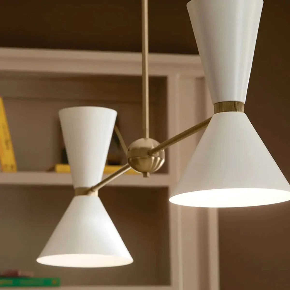 Phix 48" 4-Light Linear Chandelier with Metal Cone Shade, Champagne Bronze and White Finish