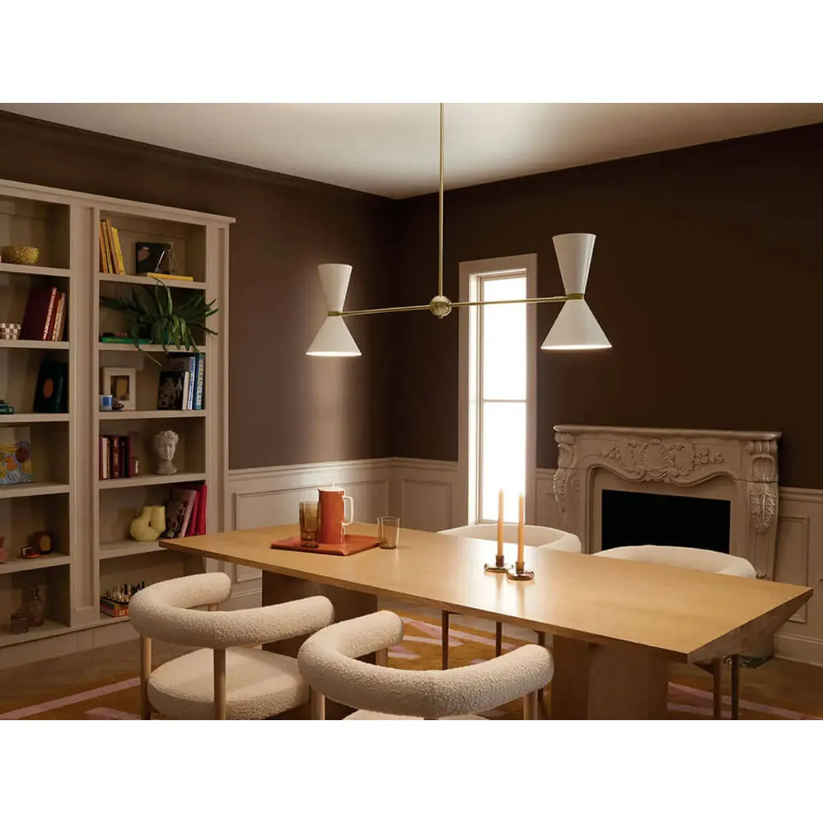 Phix 48" 4-Light Linear Chandelier with Metal Cone Shade, Champagne Bronze and White Finish