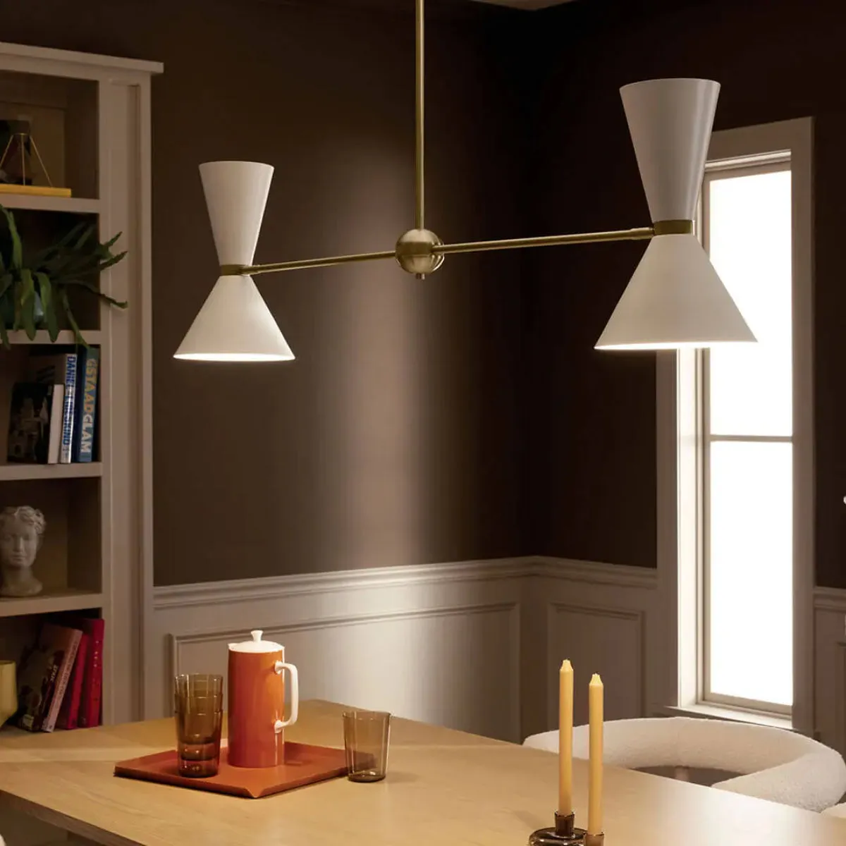 Phix 48" 4-Light Linear Chandelier with Metal Cone Shade, Champagne Bronze and White Finish