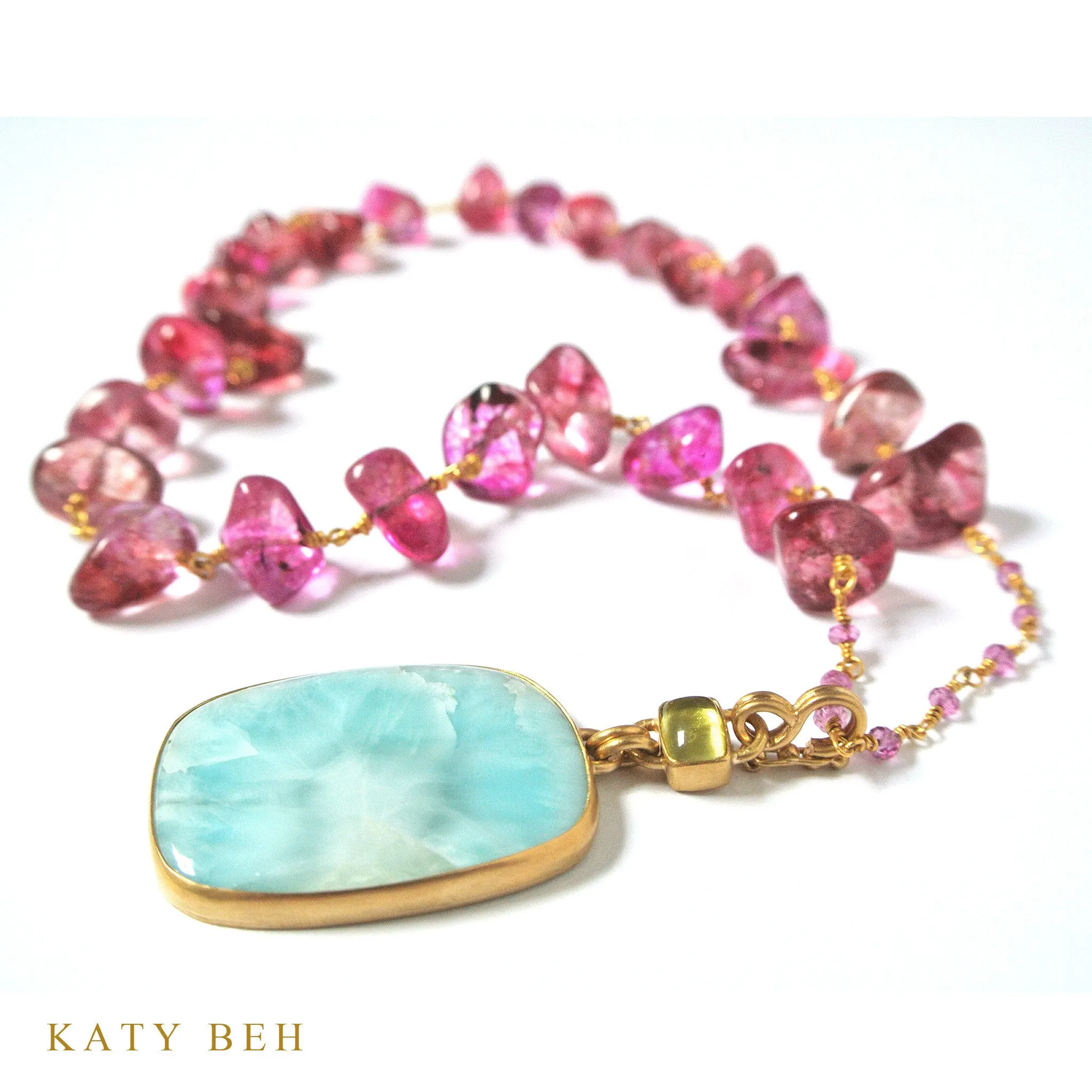 Pink Tourmaline Necklace with Larimar and Yellow Tourmaline Pendant