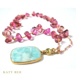 Pink Tourmaline Necklace with Larimar and Yellow Tourmaline Pendant
