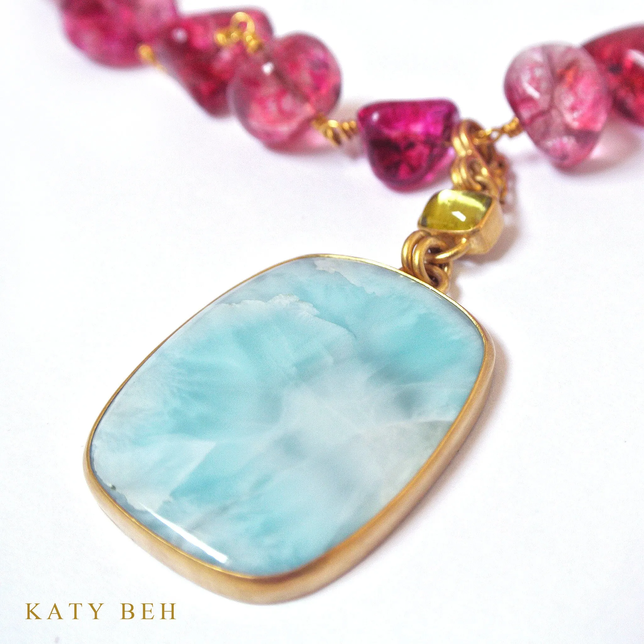 Pink Tourmaline Necklace with Larimar and Yellow Tourmaline Pendant