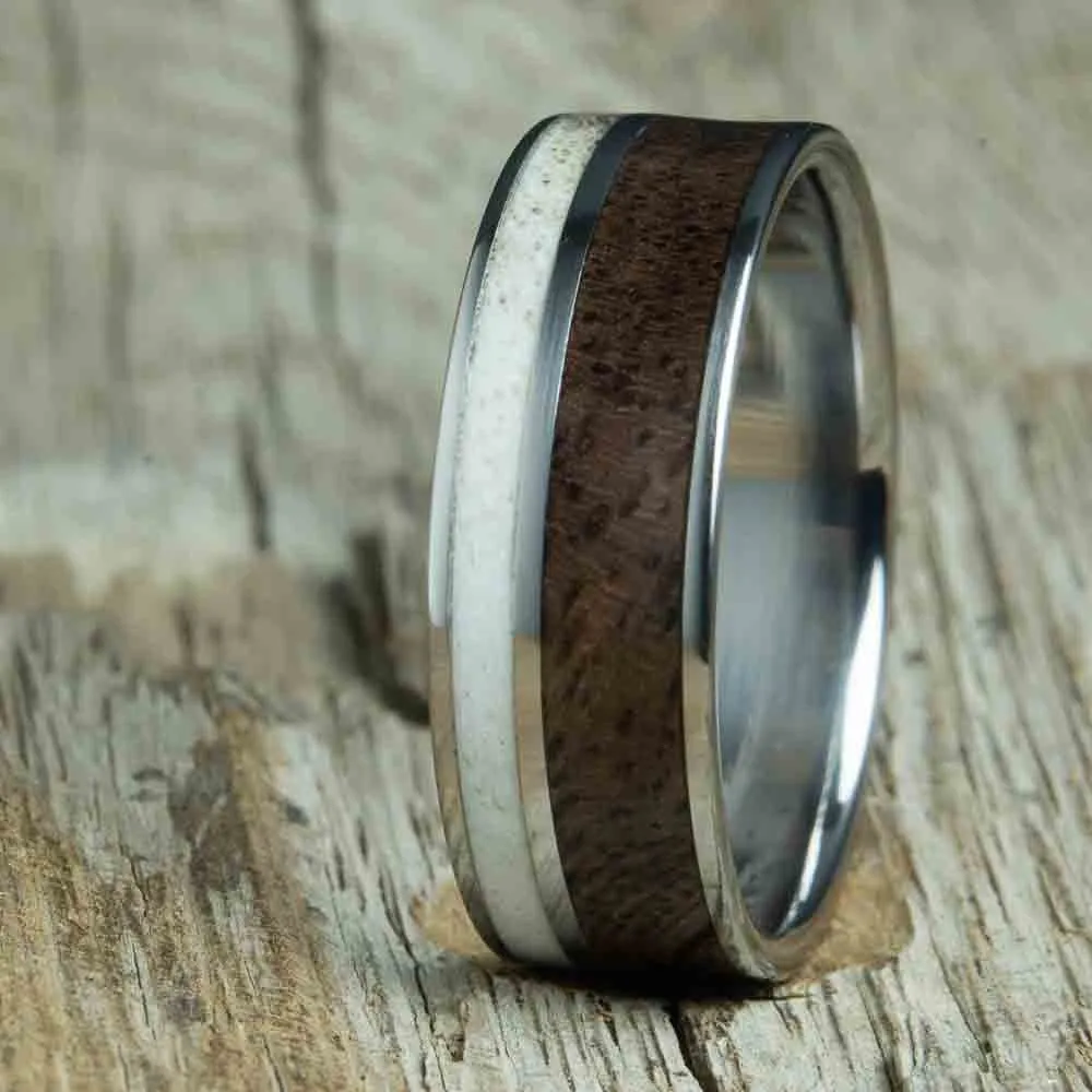 "The Hunter" deer antler ring with walnut inlay