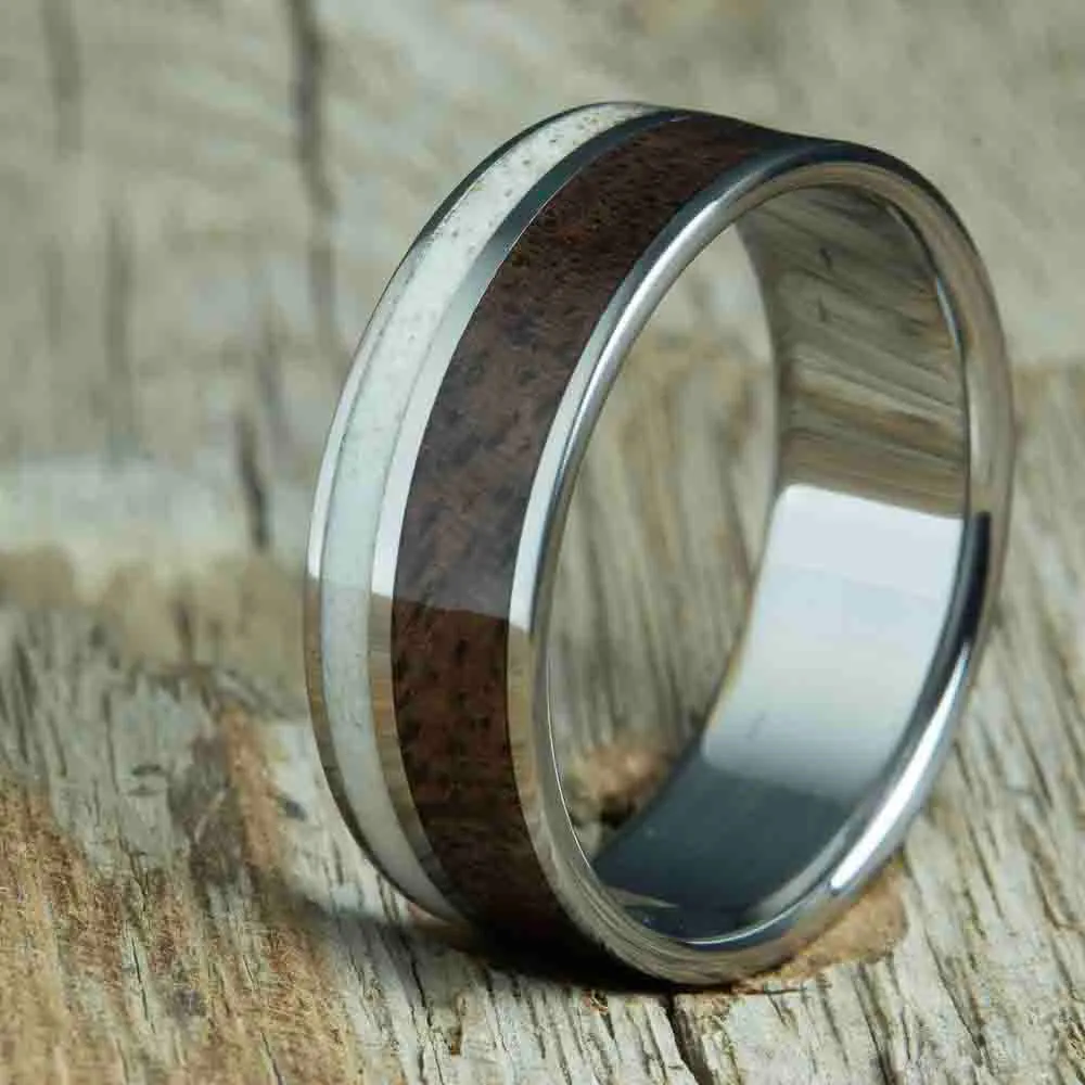 "The Hunter" deer antler ring with walnut inlay