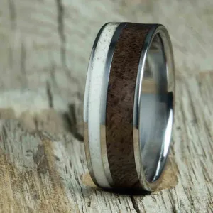 "The Hunter" deer antler ring with walnut inlay