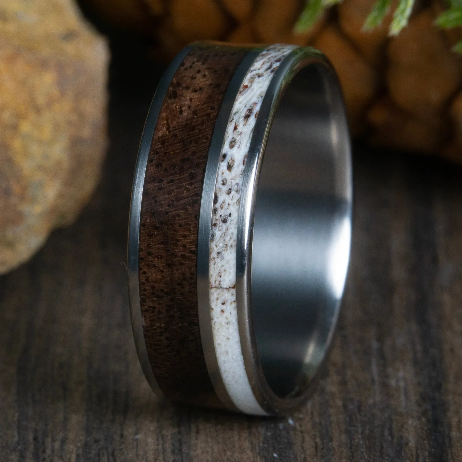 "The Hunter" deer antler ring with walnut inlay