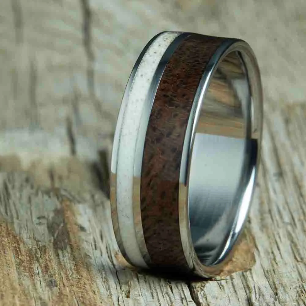 "The Hunter" deer antler ring with walnut inlay