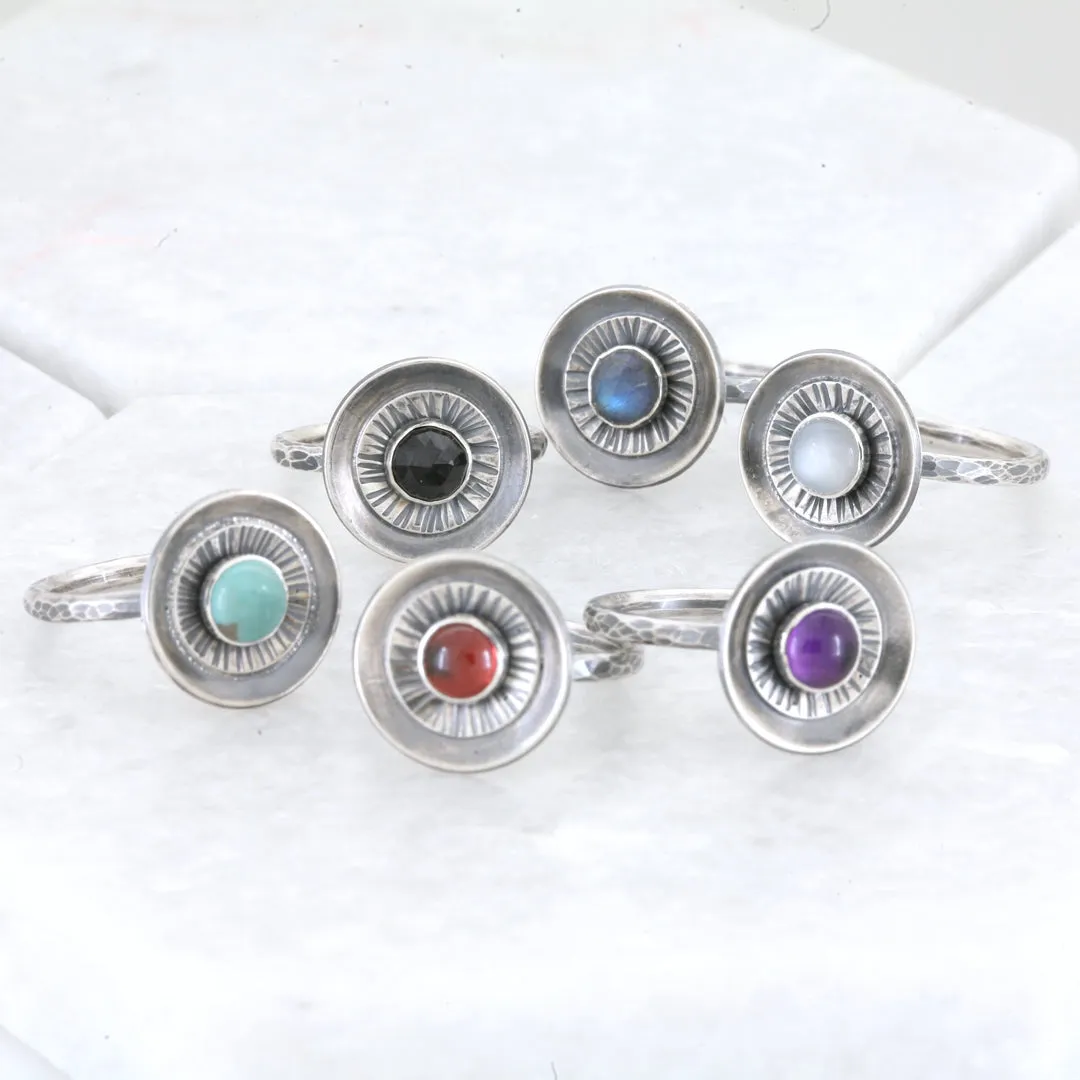 Rainbow Moonstone and Silver Starburst Ring