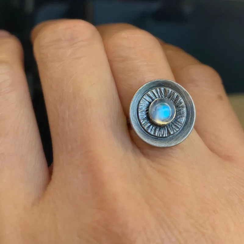 Rainbow Moonstone and Silver Starburst Ring