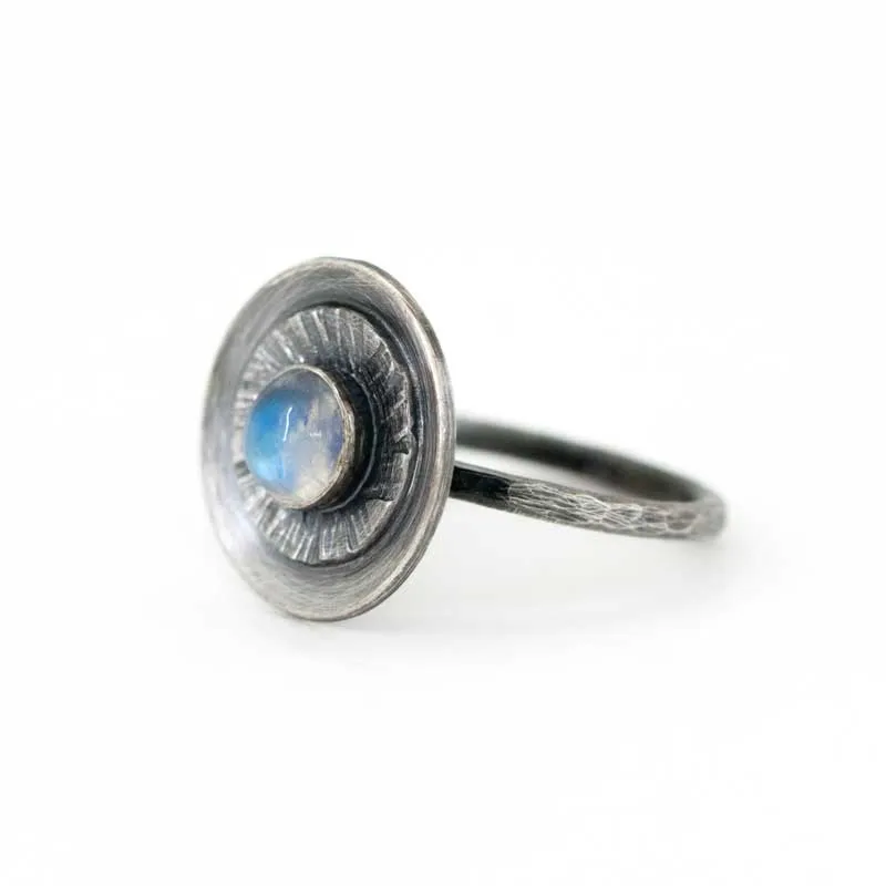Rainbow Moonstone and Silver Starburst Ring