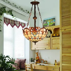 Retro Stained Glass Bowl Ceiling Light with 3 Heads for Bedroom Lighting