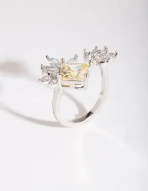 Rhodium Cubic Zirconia Citrine Open Leaf Ring