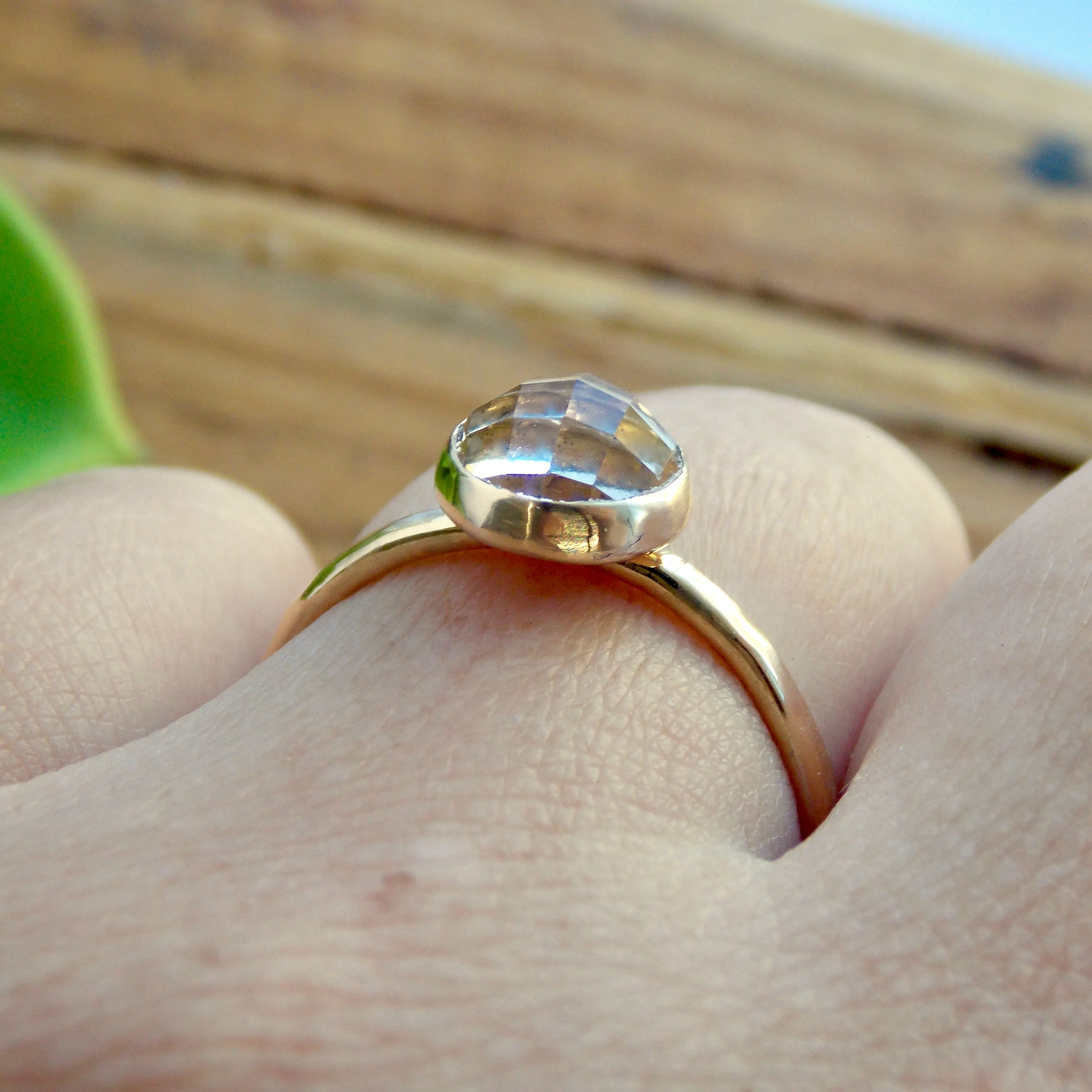 Rose Cut White Topaz Ring - 14K Solid Gold