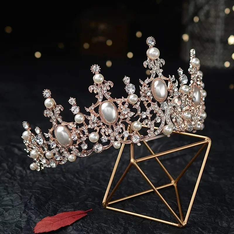 Rose Gold Pearl Princess Tiara Pink Champagne Pearls Queen headdress crown bridal