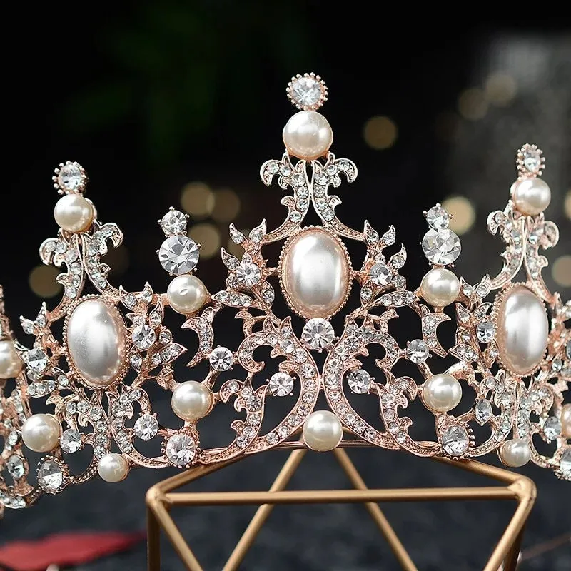 Rose Gold Pearl Princess Tiara Pink Champagne Pearls Queen headdress crown bridal