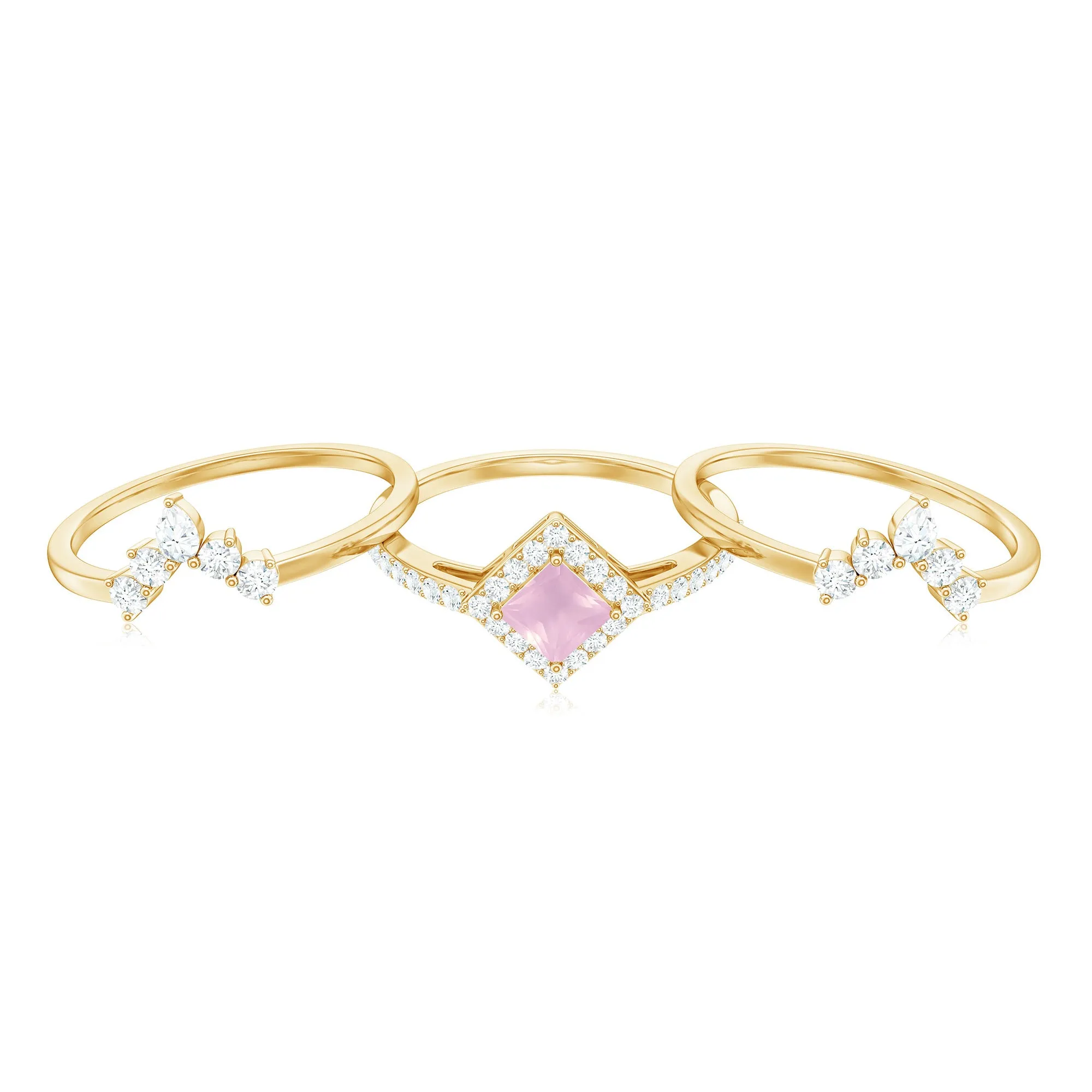 Rose Quartz and Moissanite Trio Wedding Ring Set