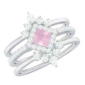 Rose Quartz and Moissanite Trio Wedding Ring Set