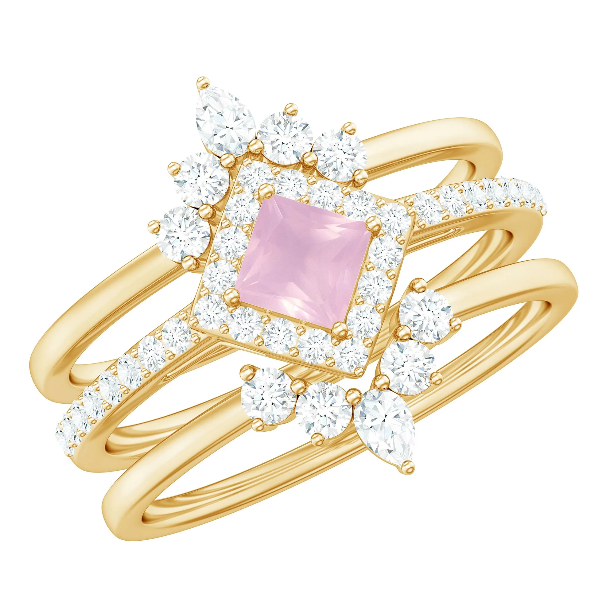 Rose Quartz and Moissanite Trio Wedding Ring Set