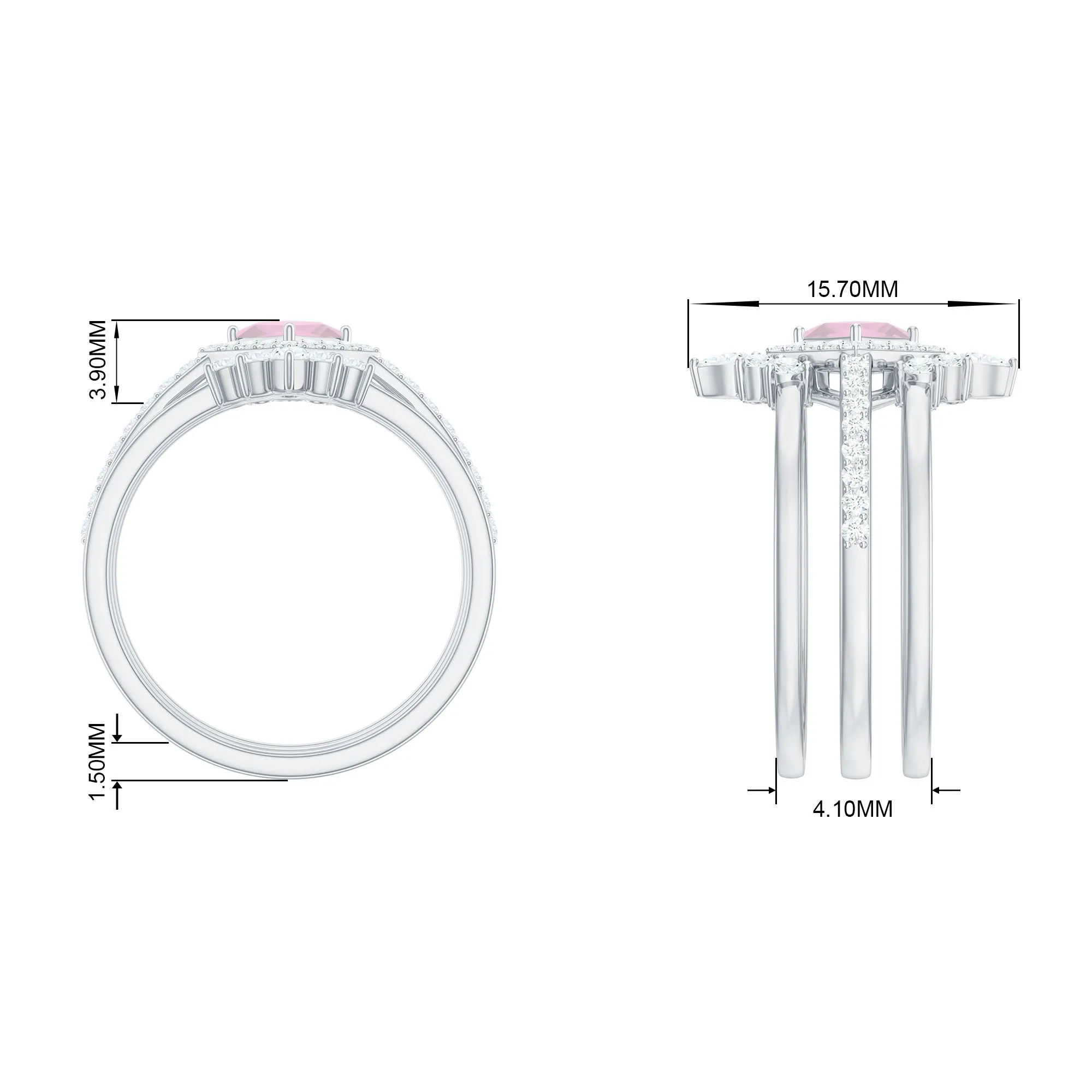 Rose Quartz and Moissanite Trio Wedding Ring Set