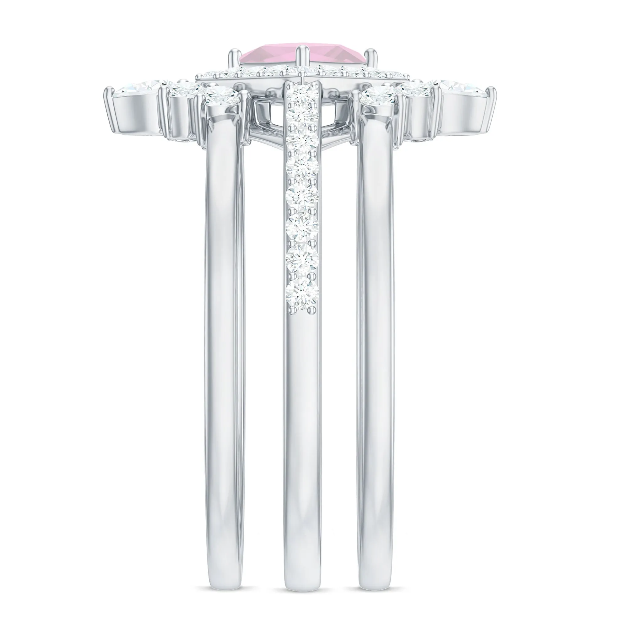 Rose Quartz and Moissanite Trio Wedding Ring Set