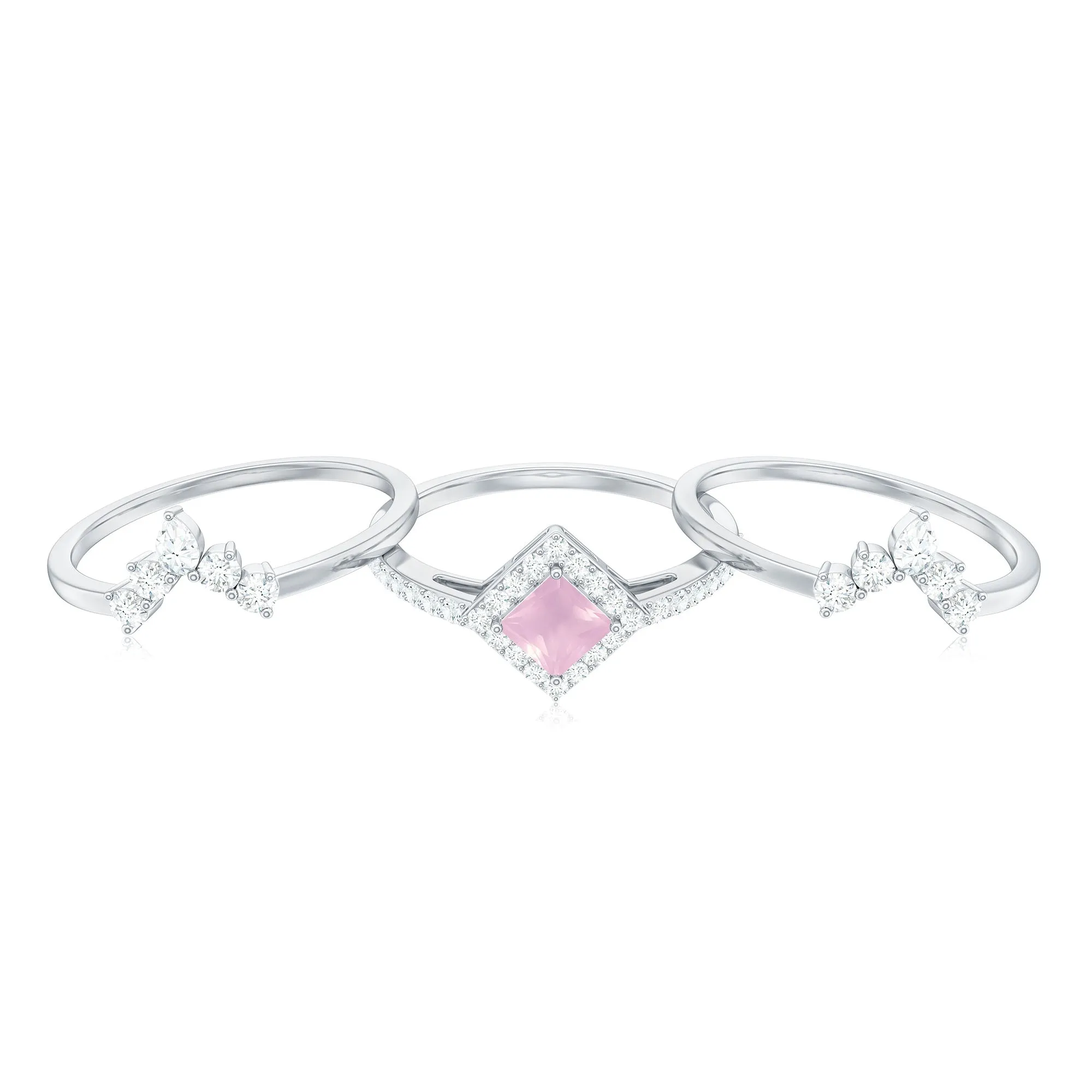 Rose Quartz and Moissanite Trio Wedding Ring Set