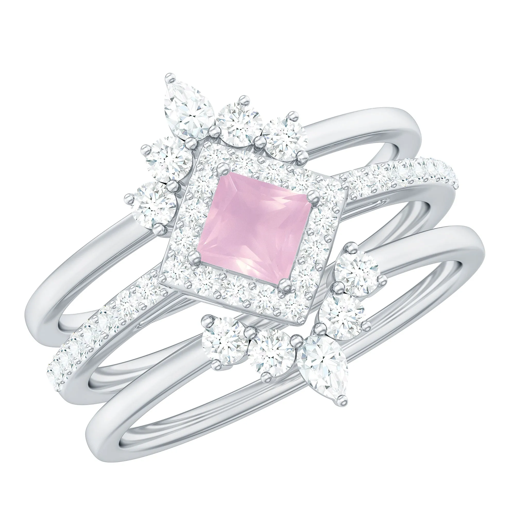 Rose Quartz and Moissanite Trio Wedding Ring Set