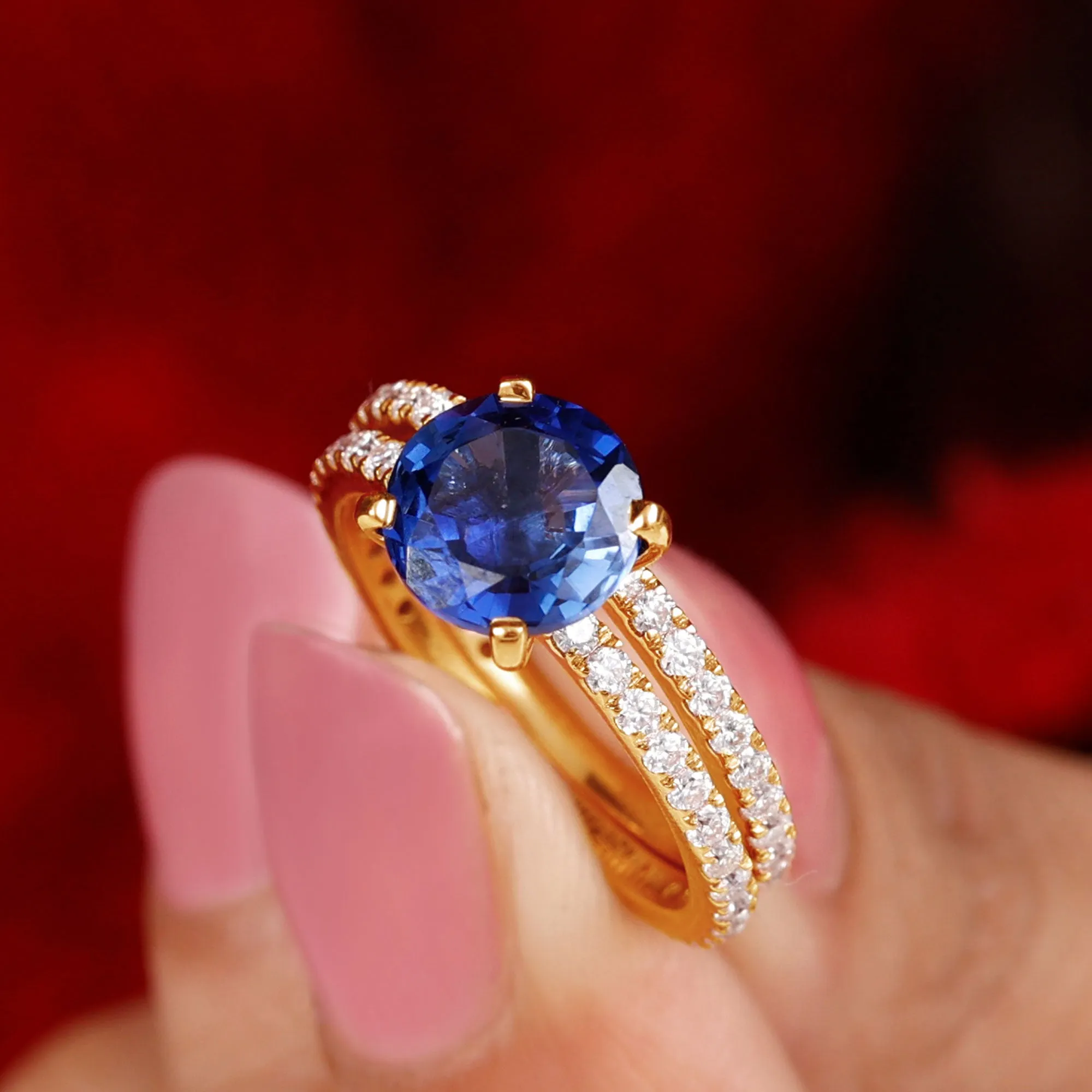 Round Lab Grown Blue Sapphire Solitaire Ring Set with Diamond
