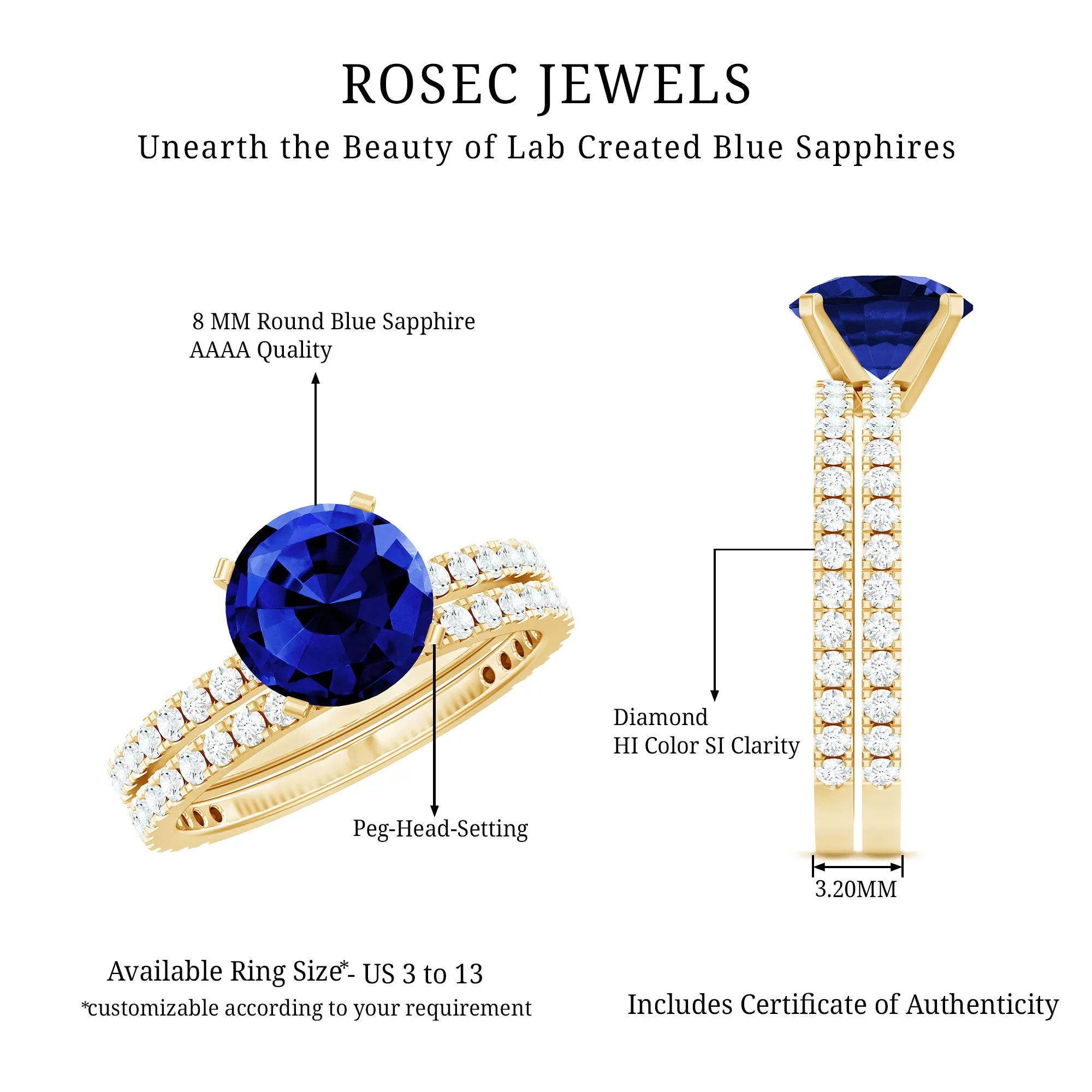 Round Lab Grown Blue Sapphire Solitaire Ring Set with Diamond