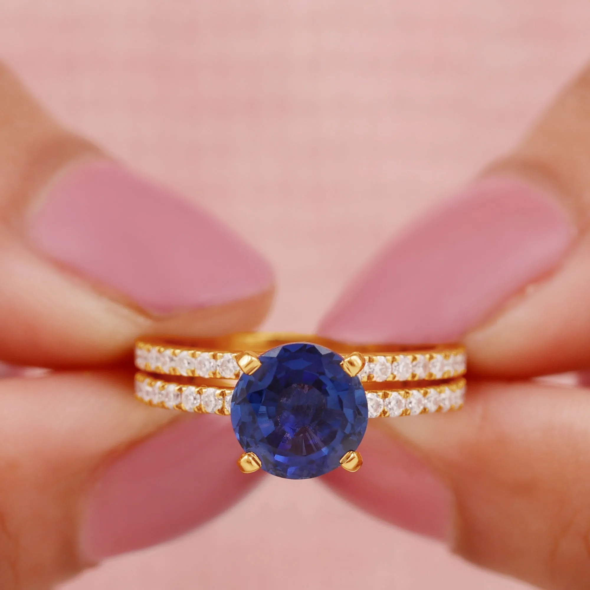 Round Lab Grown Blue Sapphire Solitaire Ring Set with Diamond