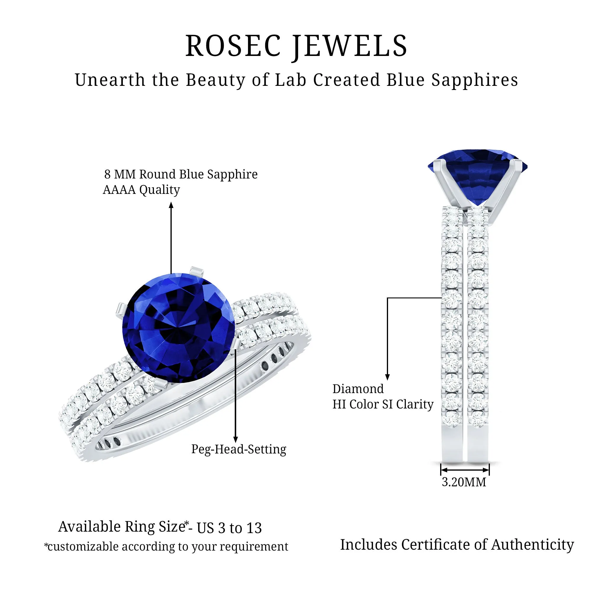 Round Lab Grown Blue Sapphire Solitaire Ring Set with Diamond