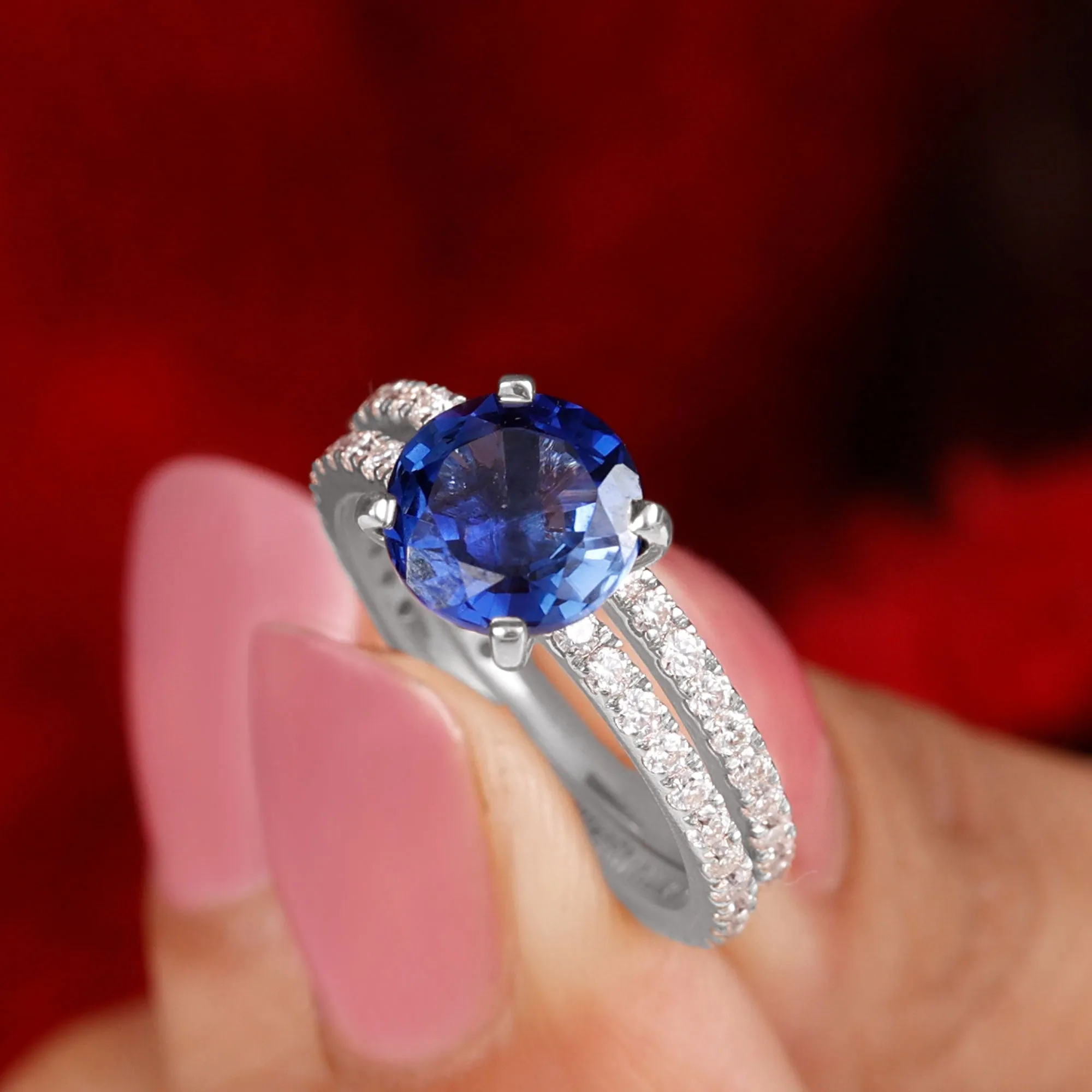 Round Lab Grown Blue Sapphire Solitaire Ring Set with Diamond