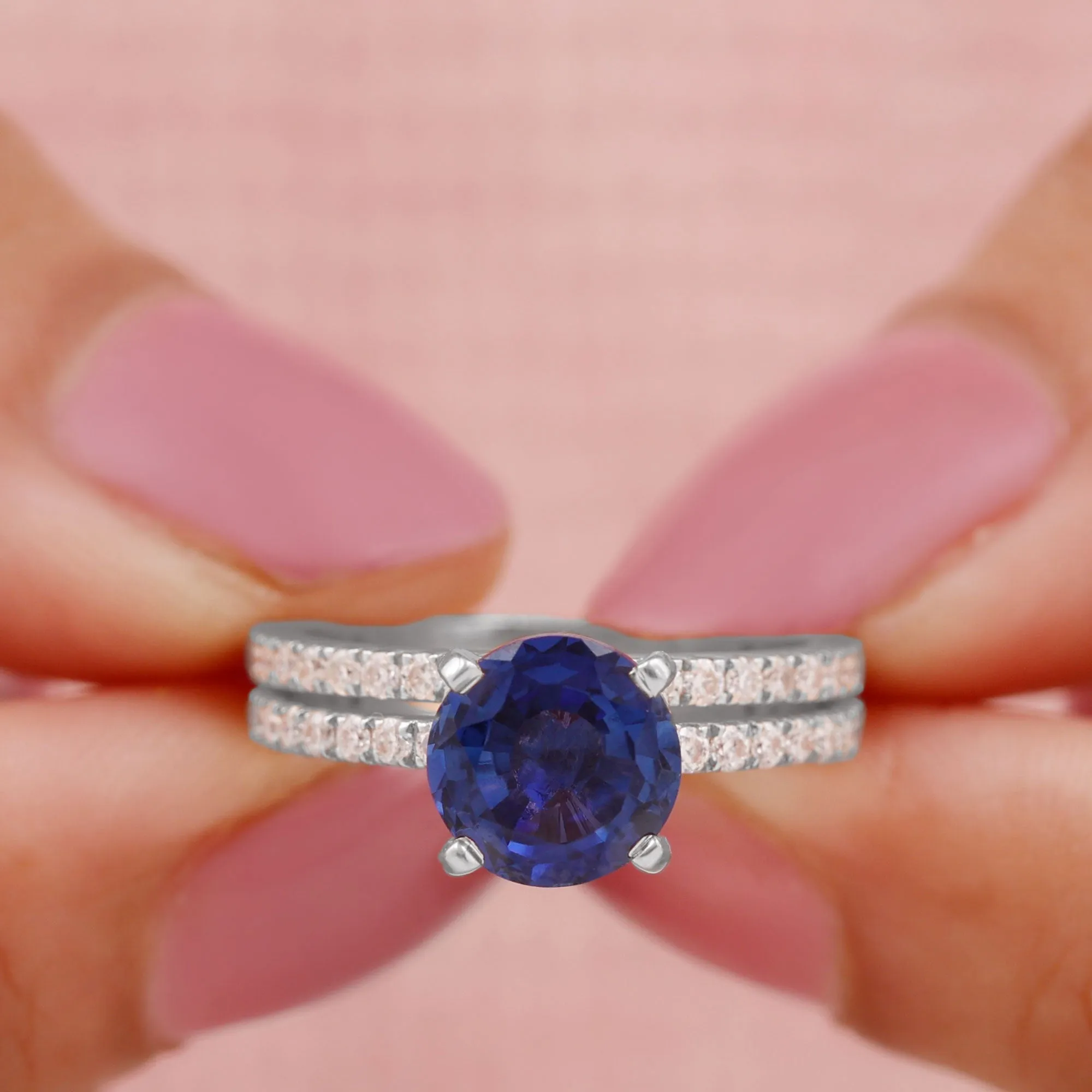 Round Lab Grown Blue Sapphire Solitaire Ring Set with Diamond