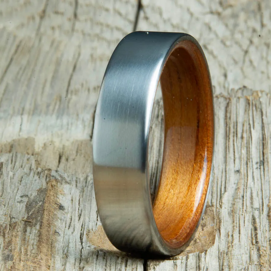 Satin titanium wood lined ring with Hawaiian Koa